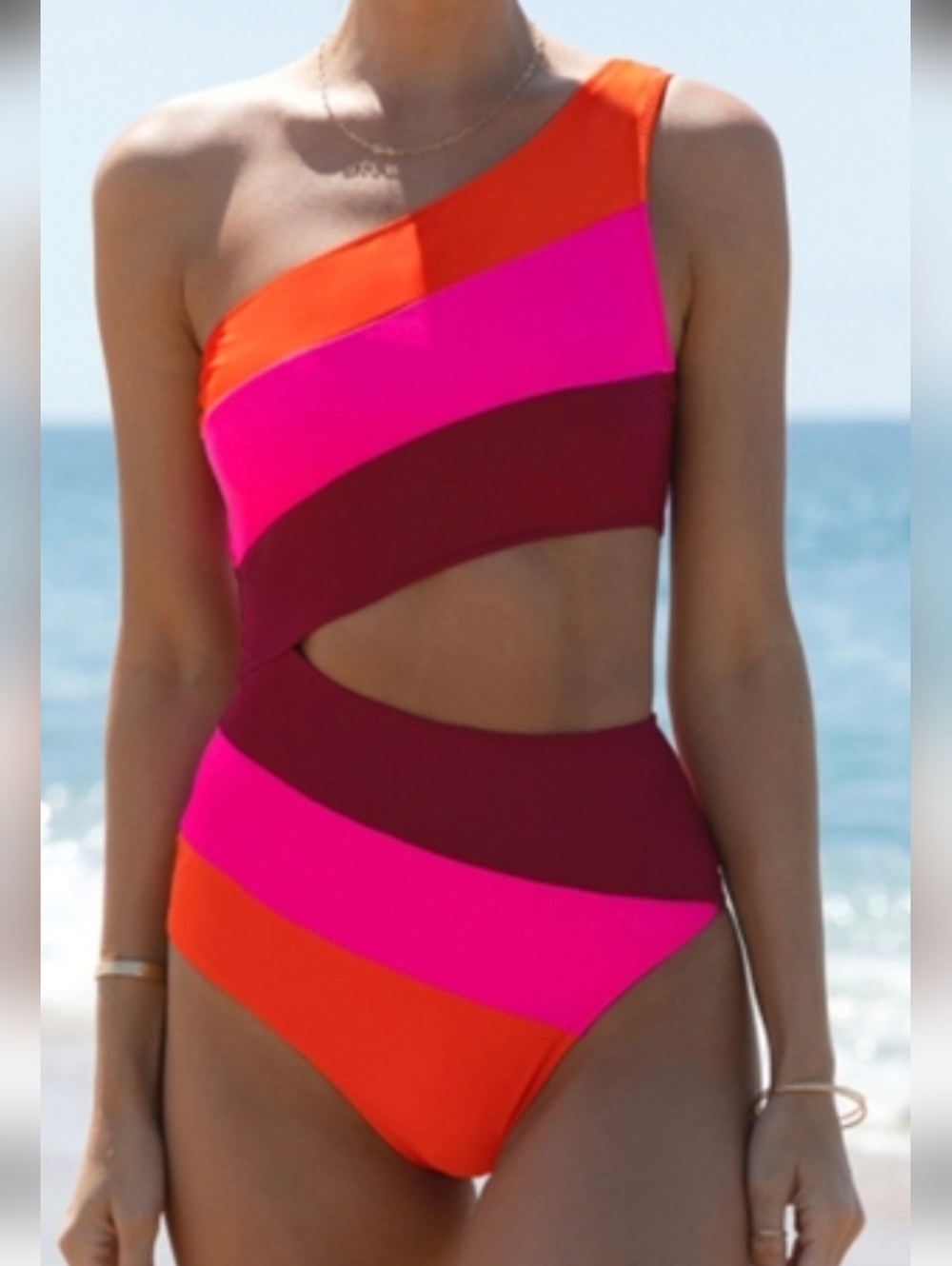 Popvil Swimsuit Women's One Shoulder One Piece Cut Off Block Multicolor  XXL NWT